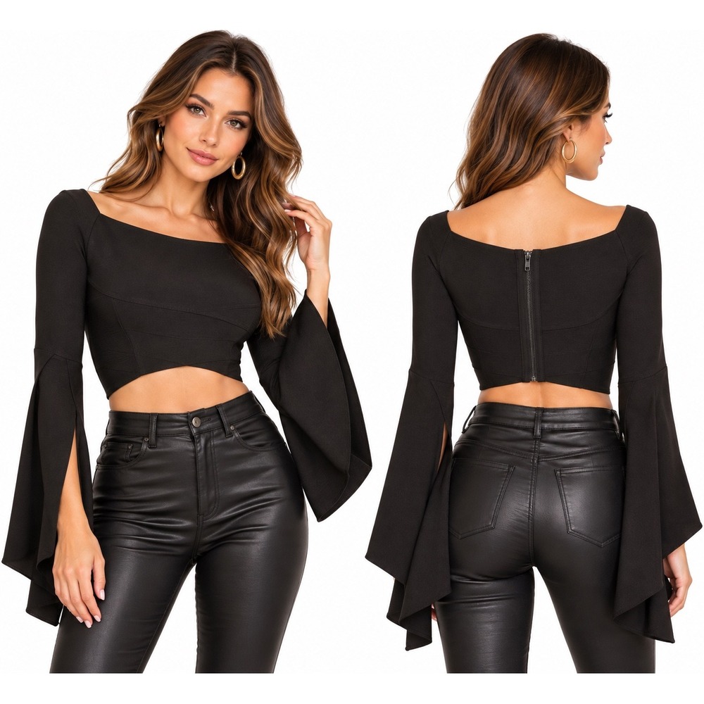 NWT House of CB Olivia Top L Black Bandage Crop Long Bell Sleeve Cutout Y2K $178